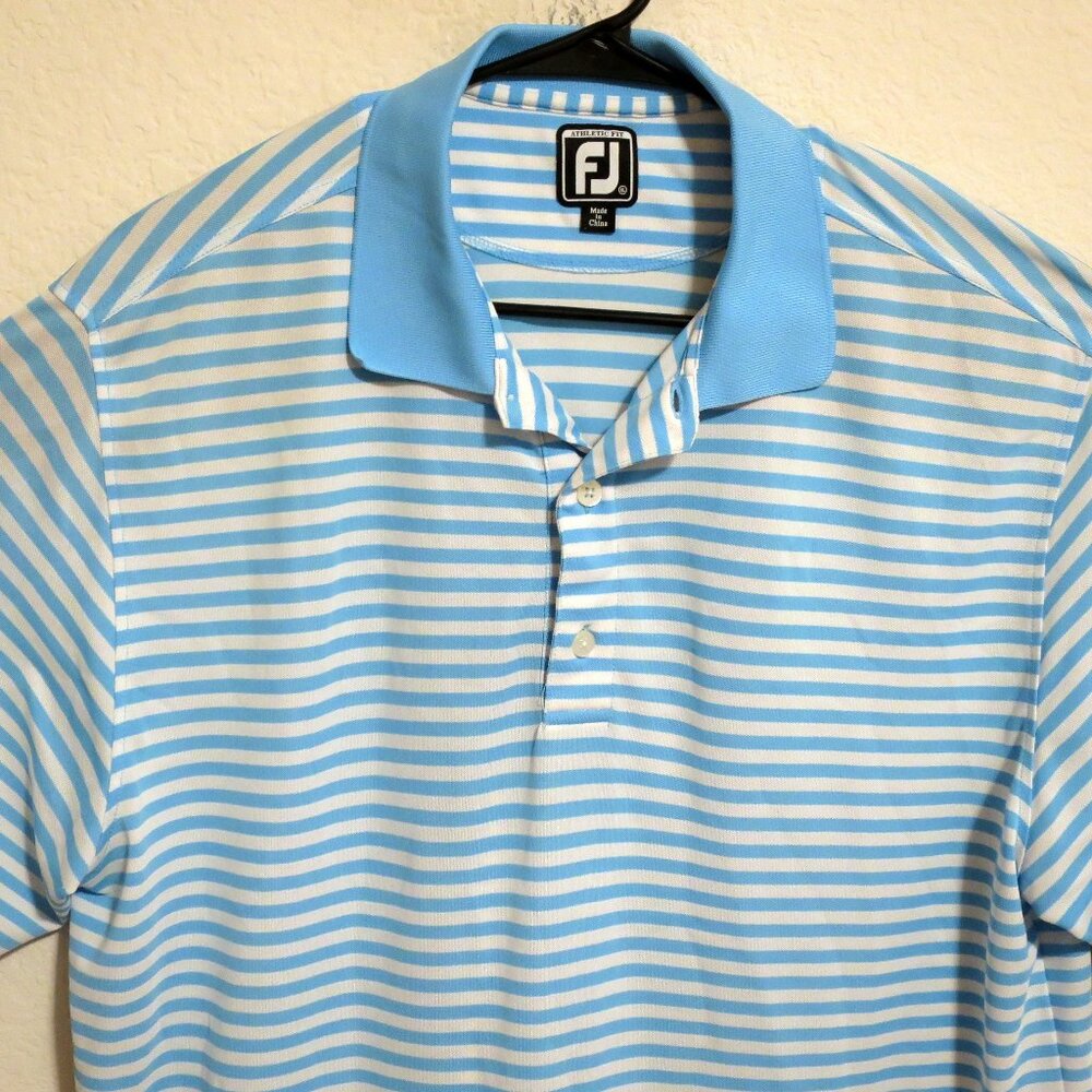 FootJoy Shirt Mens XL Short Sleeve Golf Polo Blue White Stripes Alethic Fit